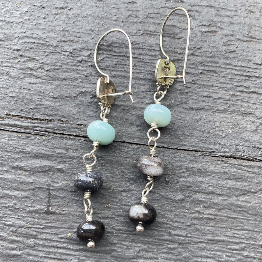 Artisan Sterling Silver & Gray Black and Seafoam Green Amazonite Earrings with Beautiful Bali Silver Leverback Kidney Wire Secure Earrings