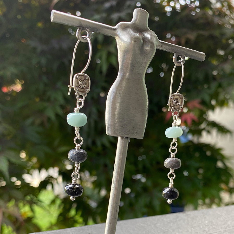 Artisan Sterling Silver & Gray Black and Seafoam Green Amazonite Earrings with Beautiful Bali Silver Leverback Kidney Wire Secure Earrings