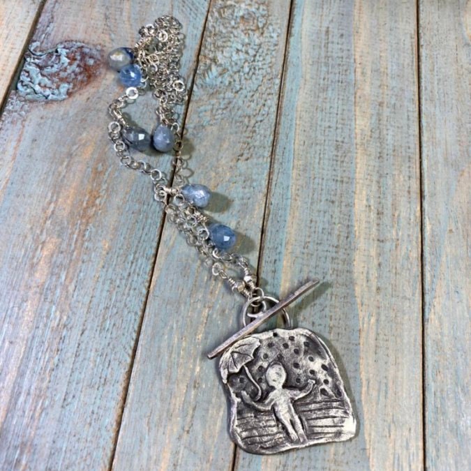 Happy In The Rain - Rustic Fine Silver Rain Umbrella Scene Pendant, Metal Clay with Blue Kyanite Beads & Recycled Silver