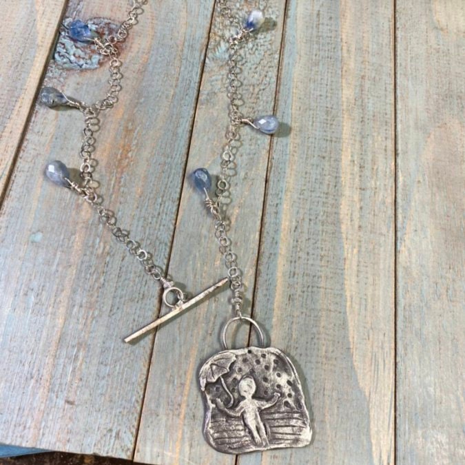 Happy In The Rain - Rustic Fine Silver Rain Umbrella Scene Pendant, Metal Clay with Blue Kyanite Beads & Recycled Silver