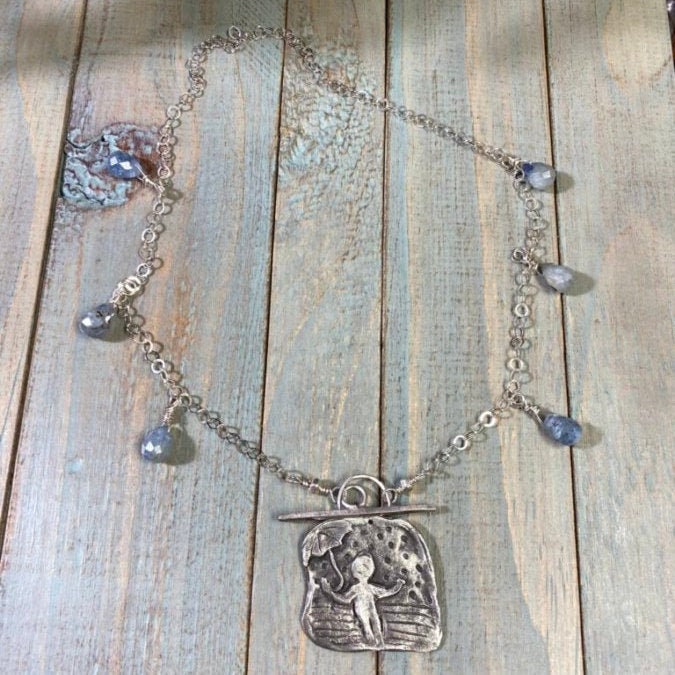 Happy In The Rain - Rustic Fine Silver Rain Umbrella Scene Pendant, Metal Clay with Blue Kyanite Beads & Recycled Silver