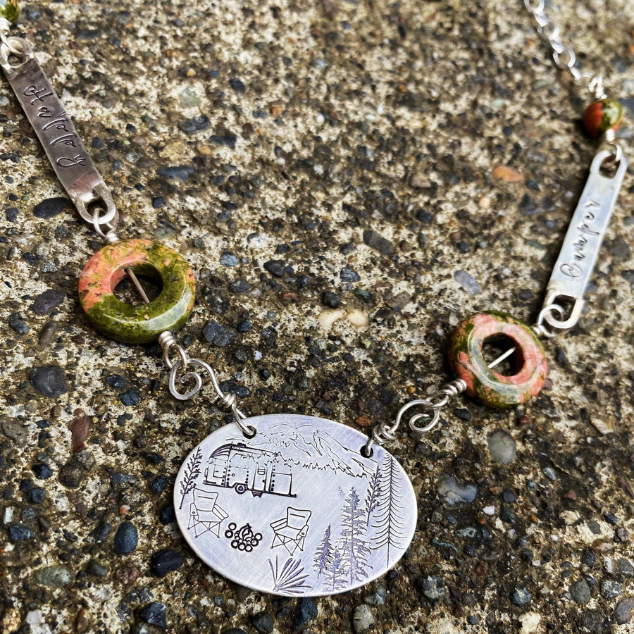 Happy Camper - Artisan Stamped Camping Scene Silver Pendant Necklace, With Green and Pink Unikite, Unique and Uplifting