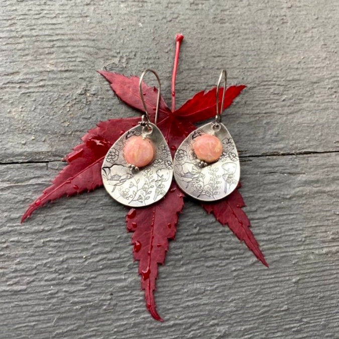 Artisan Sterling Silver Petal & Argentine Rhodocrosite beads with Sterling Earwires Drop Dangle Earrings Beautiful Bali Silver Stamped