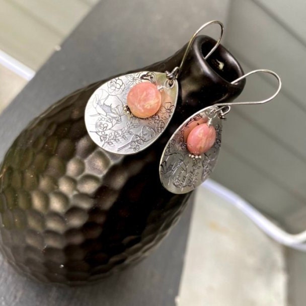 Artisan Sterling Silver Petal & Argentine Rhodocrosite beads with Sterling Earwires Drop Dangle Earrings Beautiful Bali Silver Stamped