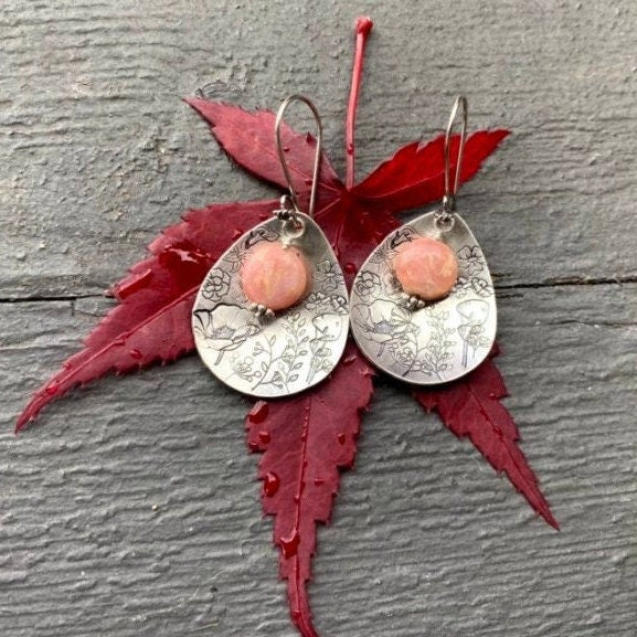 Artisan Sterling Silver Petal & Argentine Rhodocrosite beads with Sterling Earwires Drop Dangle Earrings Beautiful Bali Silver Stamped