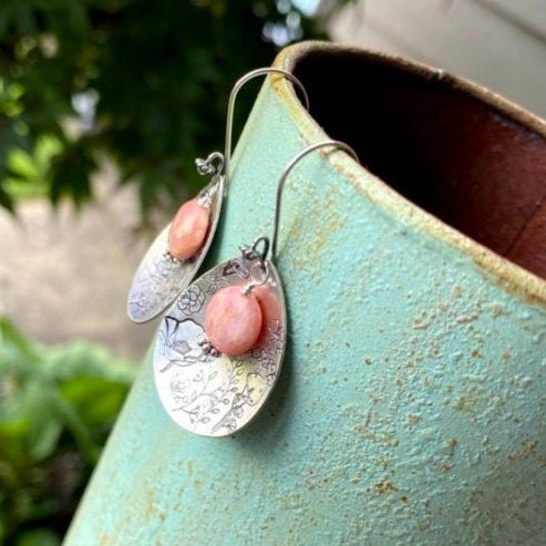 Artisan Sterling Silver Petal & Argentine Rhodocrosite beads with Sterling Earwires Drop Dangle Earrings Beautiful Bali Silver Stamped