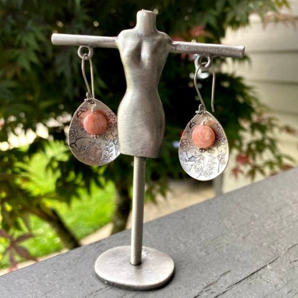 Artisan Sterling Silver Petal & Argentine Rhodocrosite beads with Sterling Earwires Drop Dangle Earrings Beautiful Bali Silver Stamped