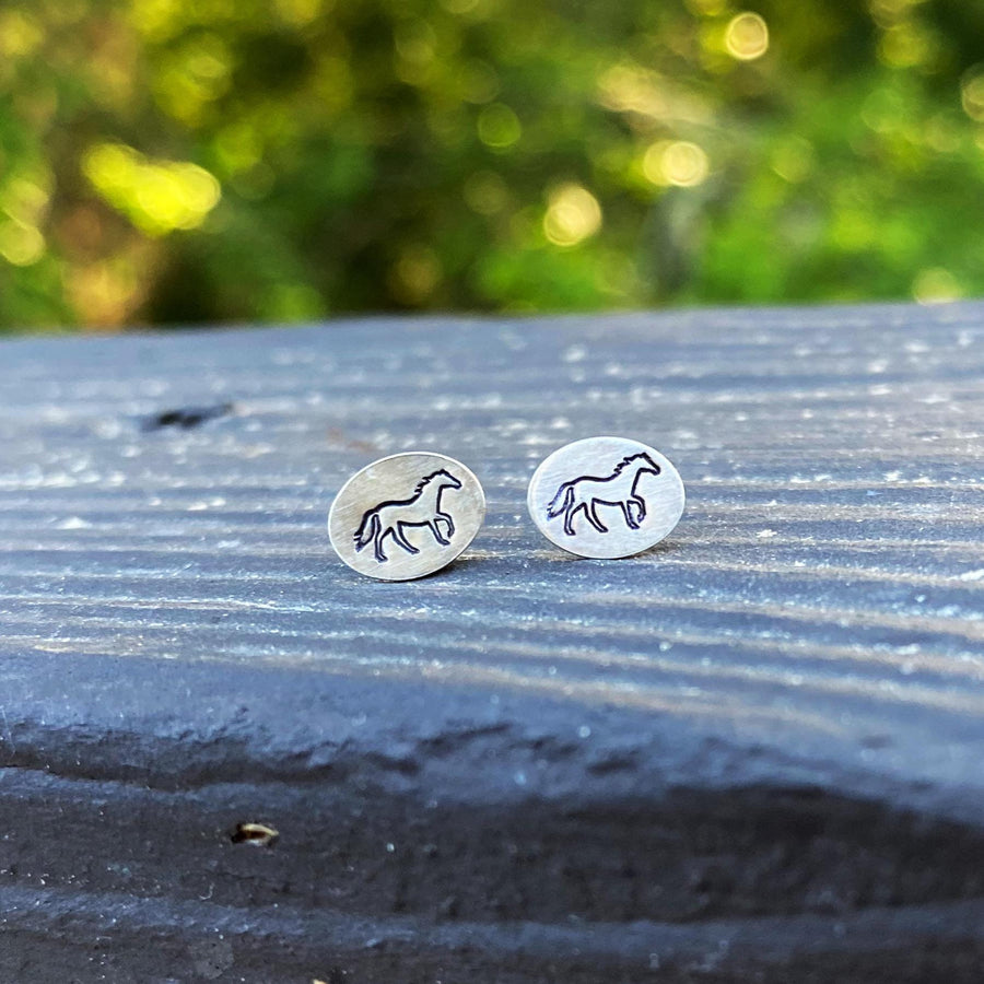 Artisan Sterling Silver Oval Petite Horse Stud Earrings, Minimalist Outline horse lover Equine lover, sterling stud earrings