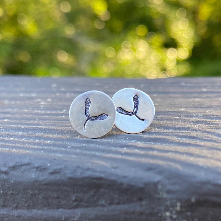 Artisan Sterling Silver Petite Maple Seed or Whirly Earrings, Minimalist, Rustic, Plant Life, Circle Disc Sterling Stud earrings