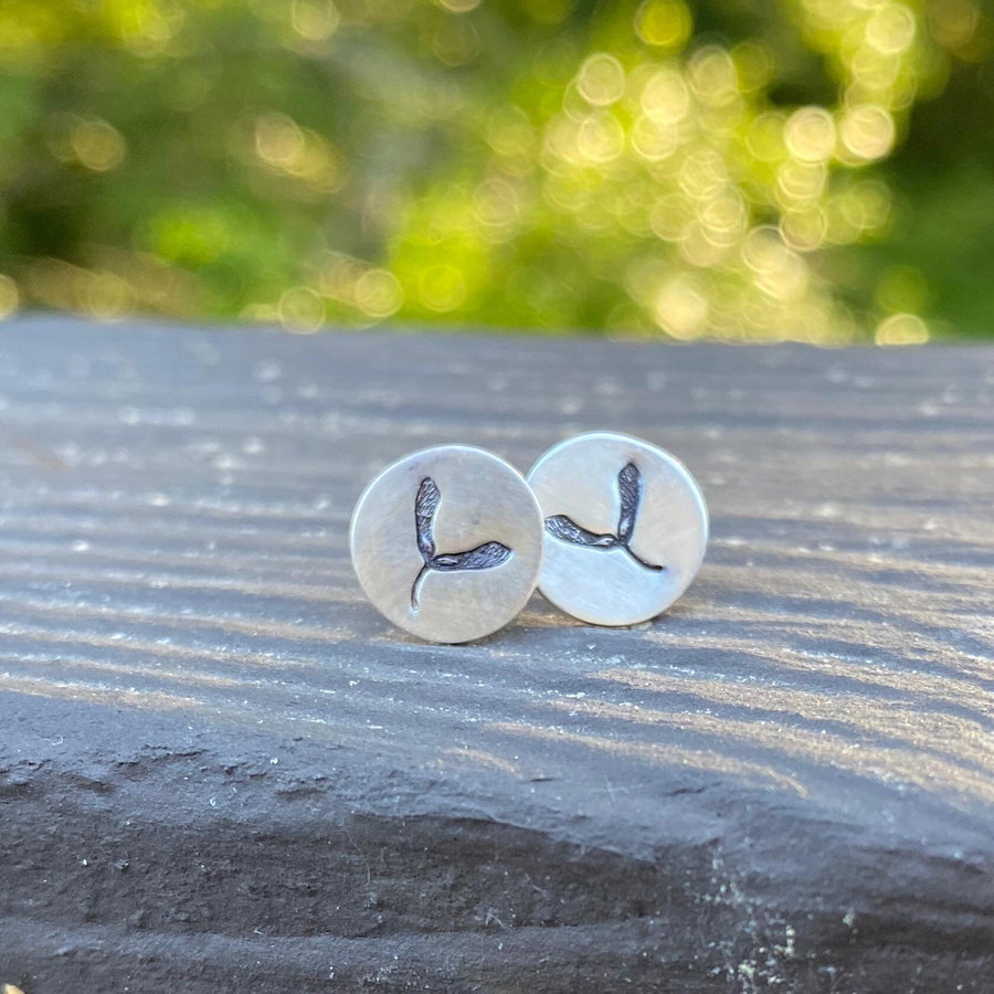 Artisan Sterling Silver Petite Maple Seed or Whirly Earrings, Minimalist, Rustic, Plant Life, Circle Disc Sterling Stud earrings