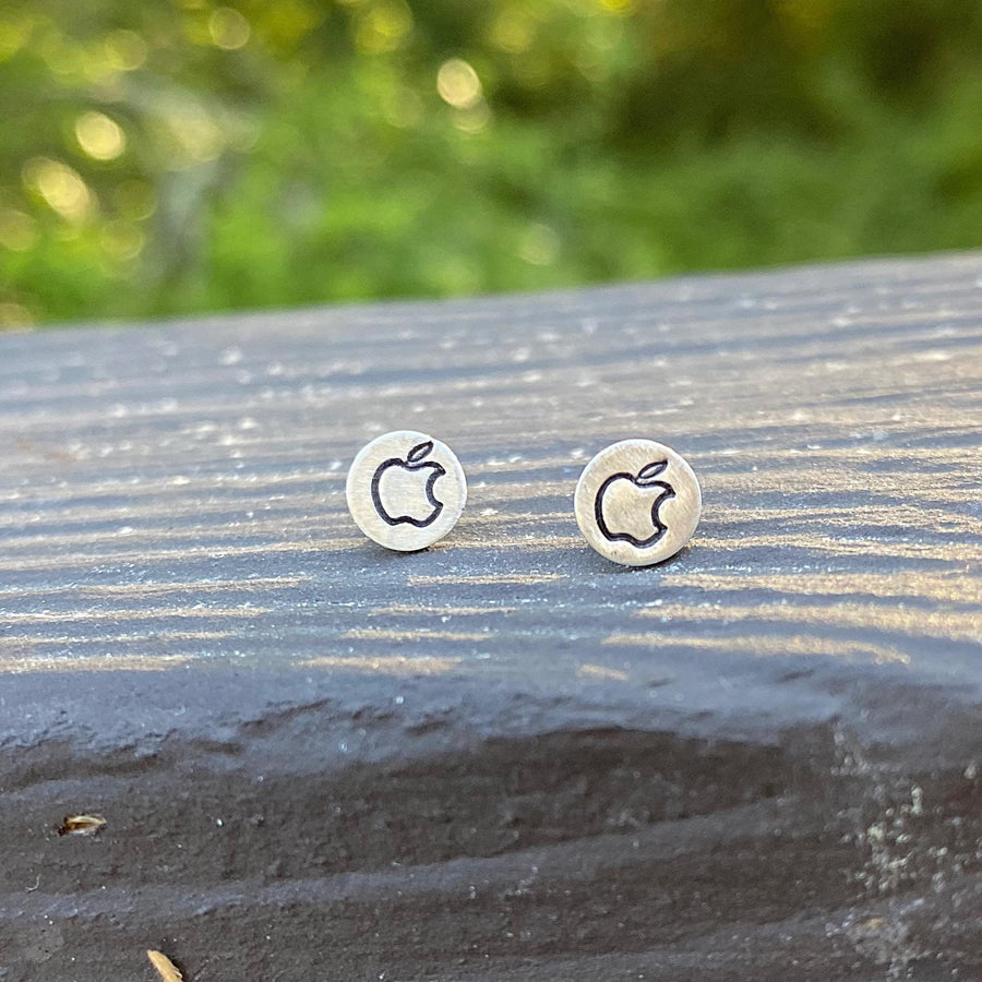 Artisan Sterling Silver Petite Apple Earrings, Bitten Apple Studs, Minimalist Computer lover, sterling stud Nerd or Programmer earrings