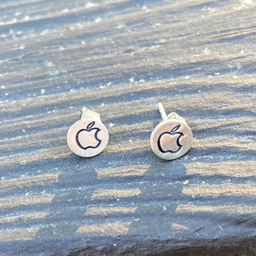 Artisan Sterling Silver Petite Apple Earrings, Bitten Apple Studs, Minimalist Computer lover, sterling stud Nerd or Programmer earrings