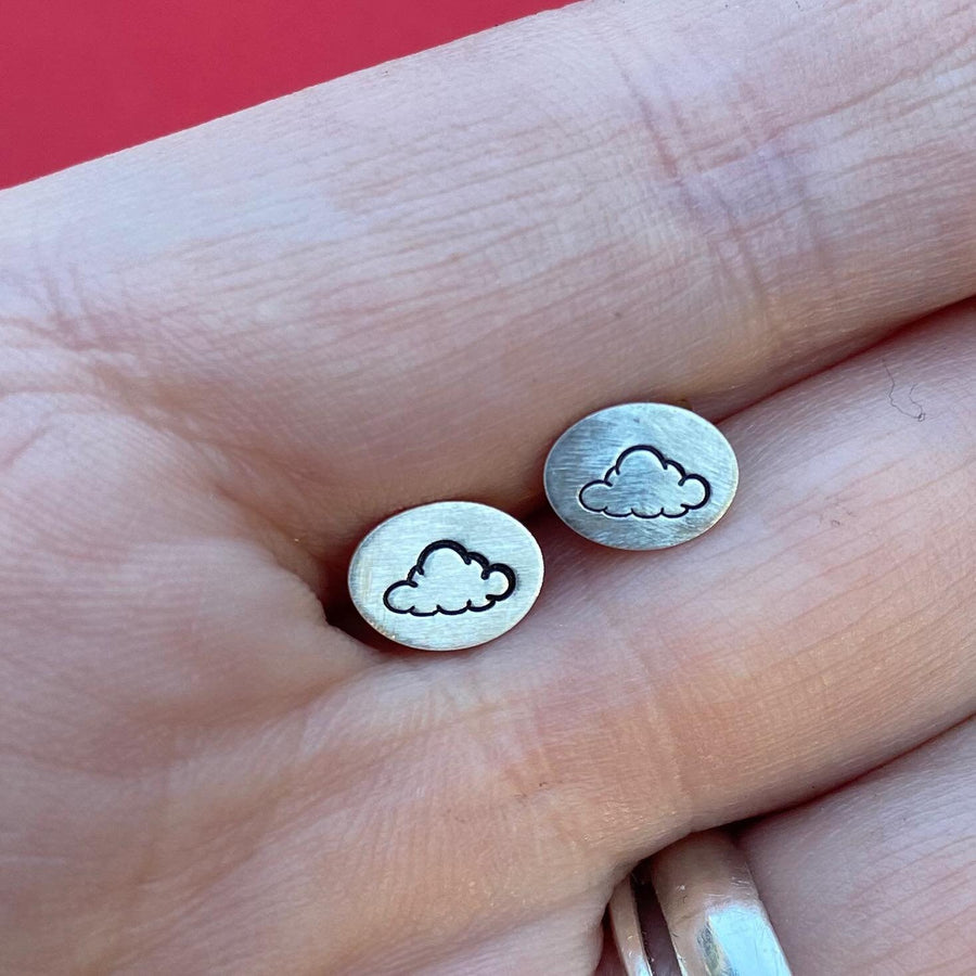 Artisan Sterling Silver Petite Oval Cloud Stud Earrings, Minimalist Computer Cloud lover, sterling stud Nerd or Programmer earrings