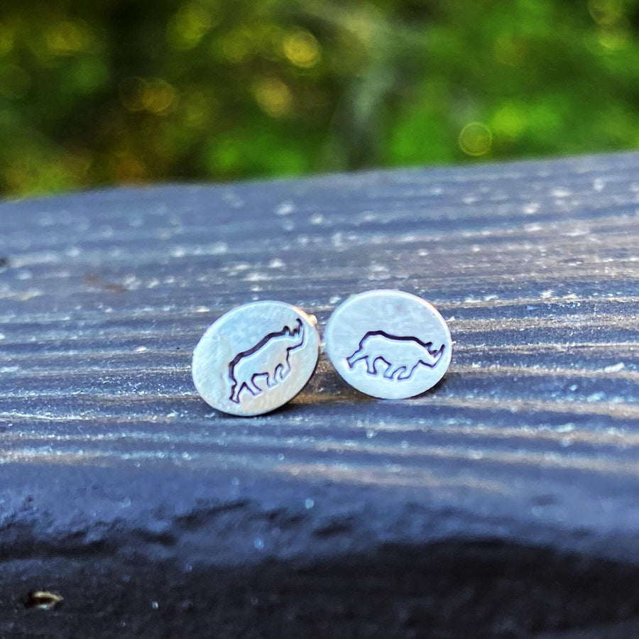 Artisan Sterling Silver Rhino Earrings, Minimalist, Rustic, Unicorn, Oval Sterling Stud earrings