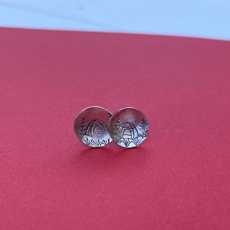 Artisan Sterling Silver Dome Tent Stud Earrings, Minimalist, Rustic, Camping, Wilderness, Get Lost, Dome Tent Curved Earrings