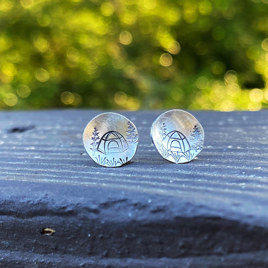 Artisan Sterling Silver Dome Tent Stud Earrings, Minimalist, Rustic, Camping, Wilderness, Get Lost, Dome Tent Curved Earrings