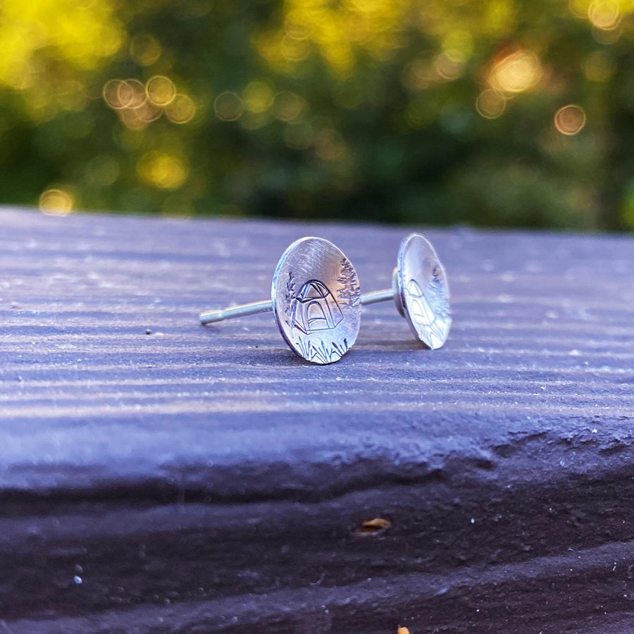 Artisan Sterling Silver Dome Tent Stud Earrings, Minimalist, Rustic, Camping, Wilderness, Get Lost, Dome Tent Curved Earrings