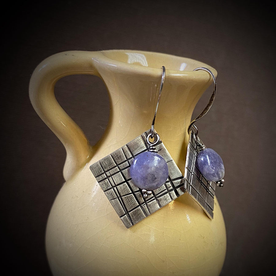 Artisan Sterling Silver & Lepidolite Geometric or Plaid themed earrings with Sterling Earwires Drop Dangle Earrings lavender purple square