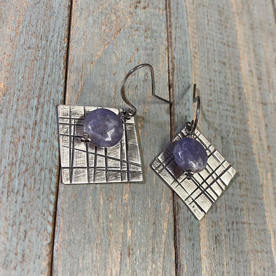 Artisan Sterling Silver & Lepidolite Geometric or Plaid themed earrings with Sterling Earwires Drop Dangle Earrings lavender purple square