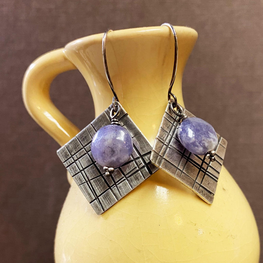 Artisan Sterling Silver & Lepidolite Geometric or Plaid themed earrings with Sterling Earwires Drop Dangle Earrings lavender purple square