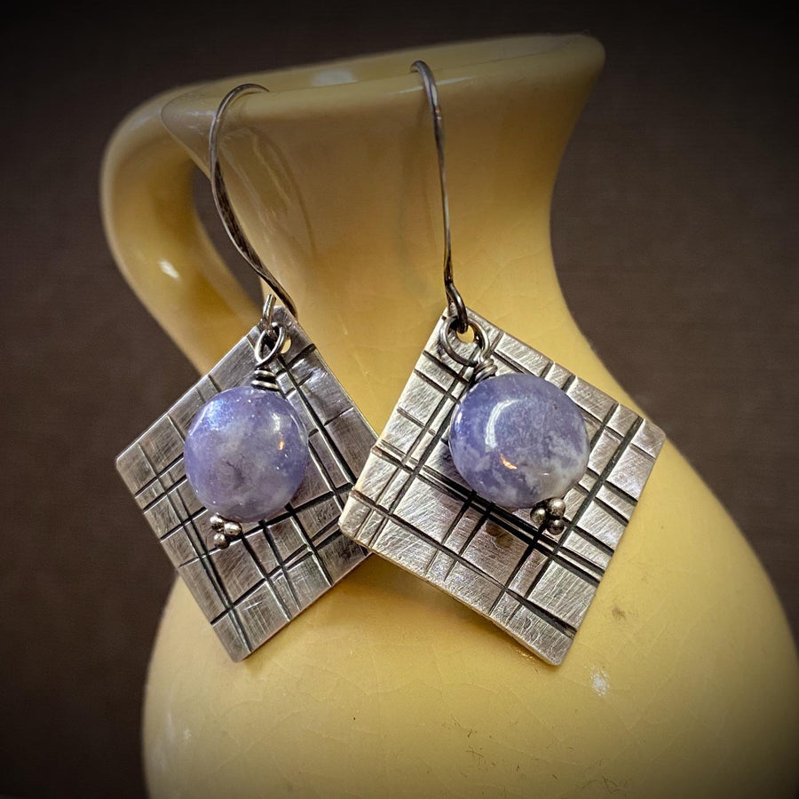 Artisan Sterling Silver & Lepidolite Geometric or Plaid themed earrings with Sterling Earwires Drop Dangle Earrings lavender purple square