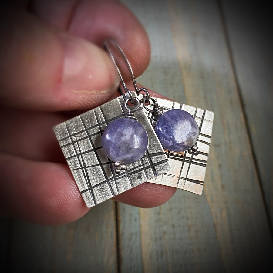 Artisan Sterling Silver & Lepidolite Geometric or Plaid themed earrings with Sterling Earwires Drop Dangle Earrings lavender purple square