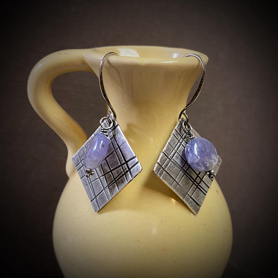 Artisan Sterling Silver & Lepidolite Geometric or Plaid themed earrings with Sterling Earwires Drop Dangle Earrings lavender purple square