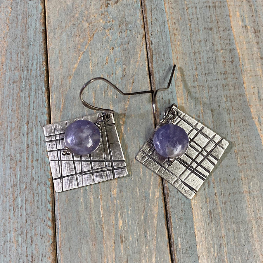 Artisan Sterling Silver & Lepidolite Geometric or Plaid themed earrings with Sterling Earwires Drop Dangle Earrings lavender purple square