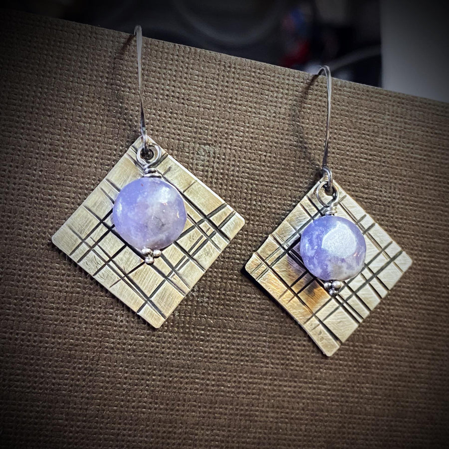 Artisan Sterling Silver & Lepidolite Geometric or Plaid themed earrings with Sterling Earwires Drop Dangle Earrings lavender purple square