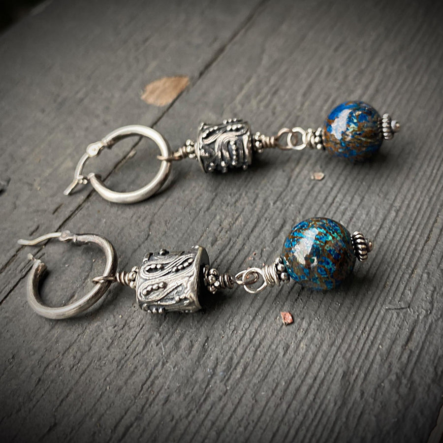 Artisan Sterling Silver & Chrysacolla Earrings with Sterling Earwires, Beautiful Navy Turquoise Burgundy and Bali Silver, Click Down Hoops