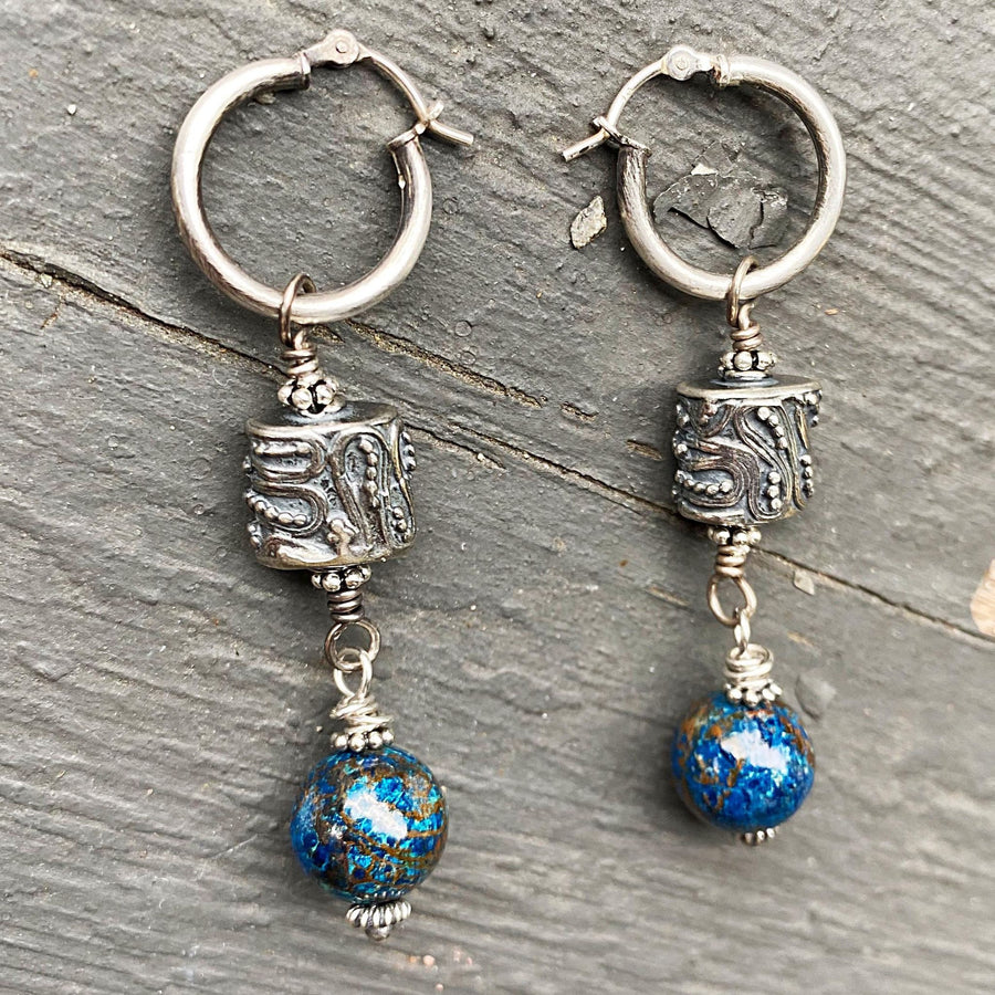 Artisan Sterling Silver & Chrysacolla Earrings with Sterling Earwires, Beautiful Navy Turquoise Burgundy and Bali Silver, Click Down Hoops