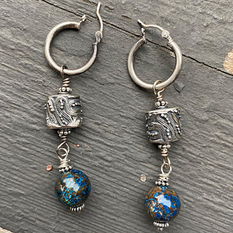 Artisan Sterling Silver & Chrysacolla Earrings with Sterling Earwires, Beautiful Navy Turquoise Burgundy and Bali Silver, Click Down Hoops