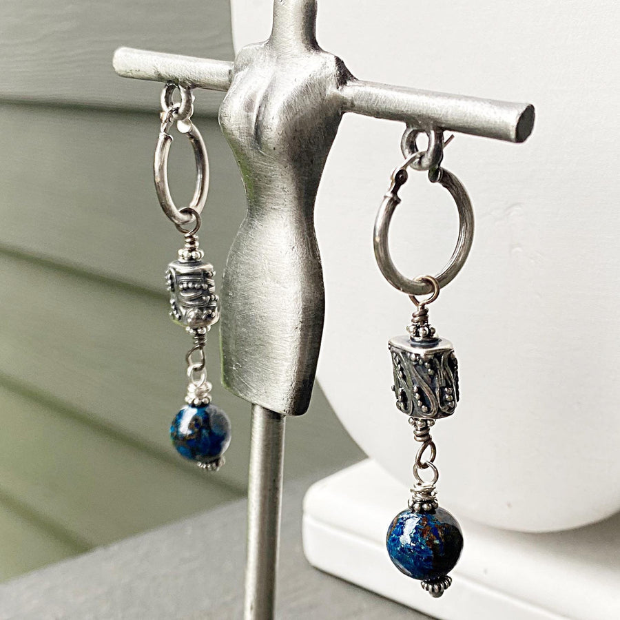 Artisan Sterling Silver & Chrysacolla Earrings with Sterling Earwires, Beautiful Navy Turquoise Burgundy and Bali Silver, Click Down Hoops