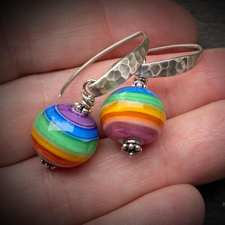 Artisan Sterling Silver & Rainbow Round Lampwork Glass Earrings with Sterling Earwires, Stripes, Colors, Symbolic, LGBTQ+Bali Ear Wires Hook