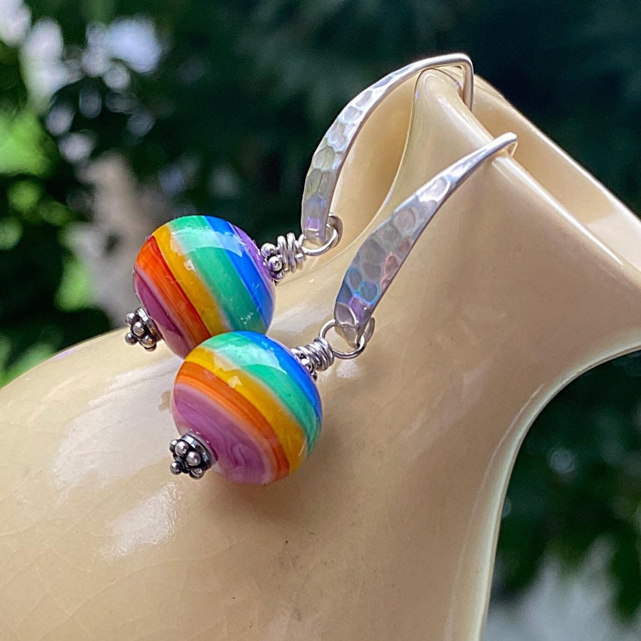 Artisan Sterling Silver & Rainbow Round Lampwork Glass Earrings with Sterling Earwires, Stripes, Colors, Symbolic, LGBTQ+Bali Ear Wires Hook