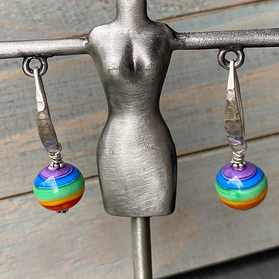 Artisan Sterling Silver & Rainbow Round Lampwork Glass Earrings with Sterling Earwires, Stripes, Colors, Symbolic, LGBTQ+Bali Ear Wires Hook