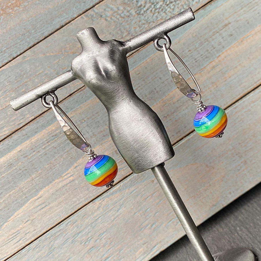 Artisan Sterling Silver & Rainbow Round Lampwork Glass Earrings with Sterling Earwires, Stripes, Colors, Symbolic, LGBTQ+Bali Ear Wires Hook