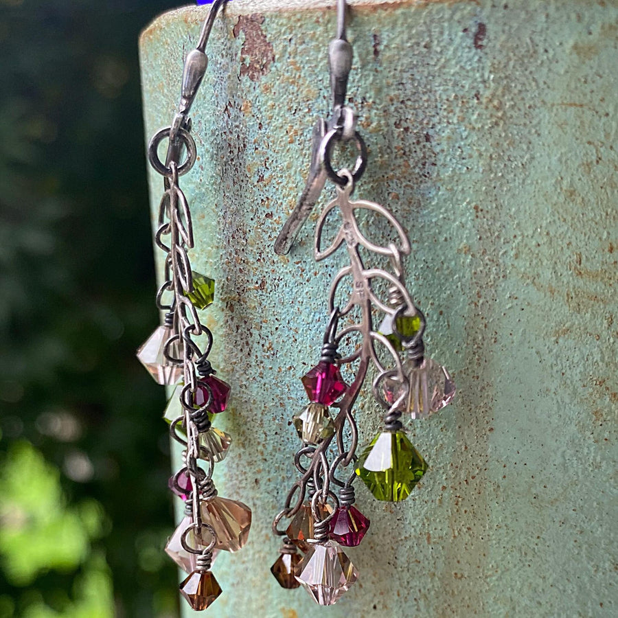 Artisan Sterling Silver and Swarovski Crystal delicate Leaves or Branch minimalist earrings, Multicolor pink, amber, olive, brown, fuschia