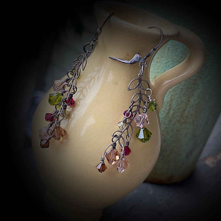 Artisan Sterling Silver and Swarovski Crystal delicate Leaves or Branch minimalist earrings, Multicolor pink, amber, olive, brown, fuschia