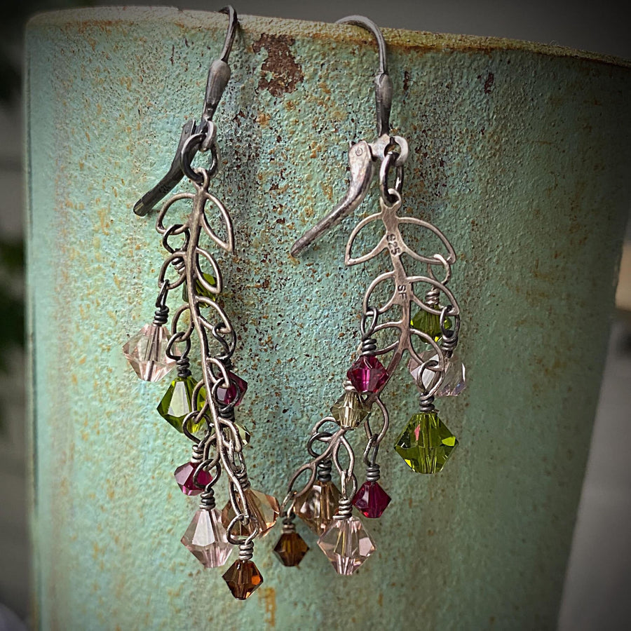 Artisan Sterling Silver and Swarovski Crystal delicate Leaves or Branch minimalist earrings, Multicolor pink, amber, olive, brown, fuschia