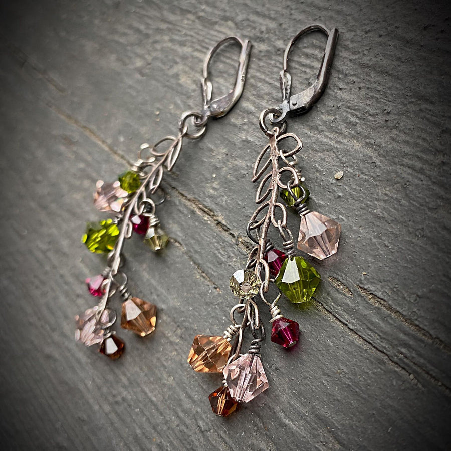 Artisan Sterling Silver and Swarovski Crystal delicate Leaves or Branch minimalist earrings, Multicolor pink, amber, olive, brown, fuschia