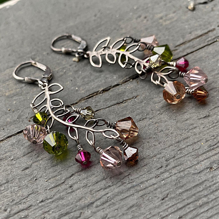 Artisan Sterling Silver and Swarovski Crystal delicate Leaves or Branch minimalist earrings, Multicolor pink, amber, olive, brown, fuschia