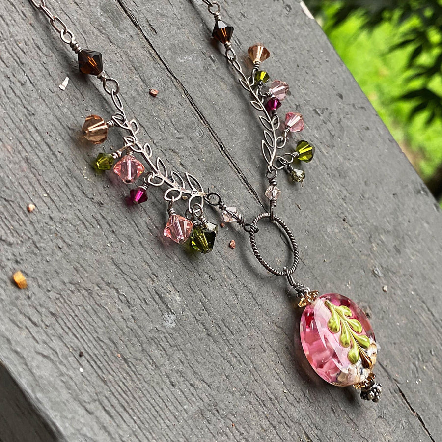 Artisan Sterling Silver & Swarovski Crystal delicate Leaves Tree and Lampwork Glass intricate necklace, pink, amber, olive, brown, fuschia