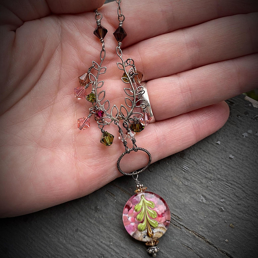 Artisan Sterling Silver & Swarovski Crystal delicate Leaves Tree and Lampwork Glass intricate necklace, pink, amber, olive, brown, fuschia