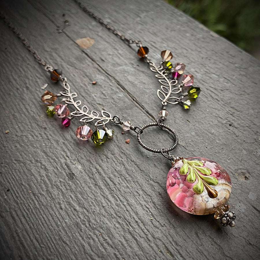 Artisan Sterling Silver & Swarovski Crystal delicate Leaves Tree and Lampwork Glass intricate necklace, pink, amber, olive, brown, fuschia