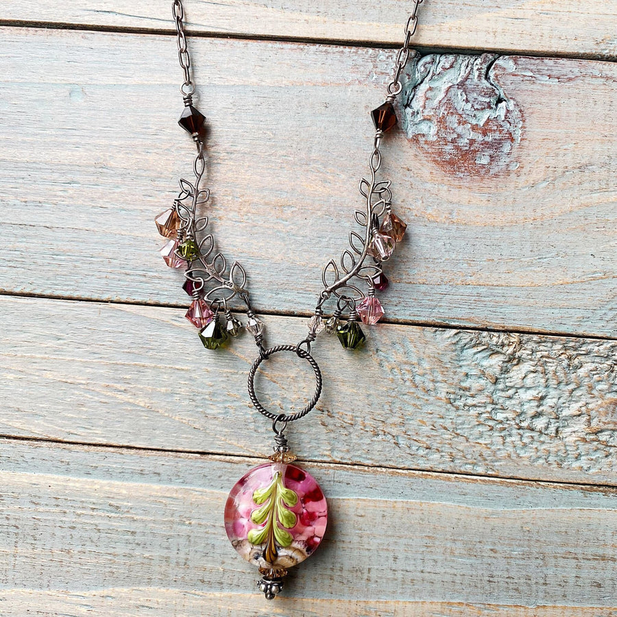 Artisan Sterling Silver & Swarovski Crystal delicate Leaves Tree and Lampwork Glass intricate necklace, pink, amber, olive, brown, fuschia