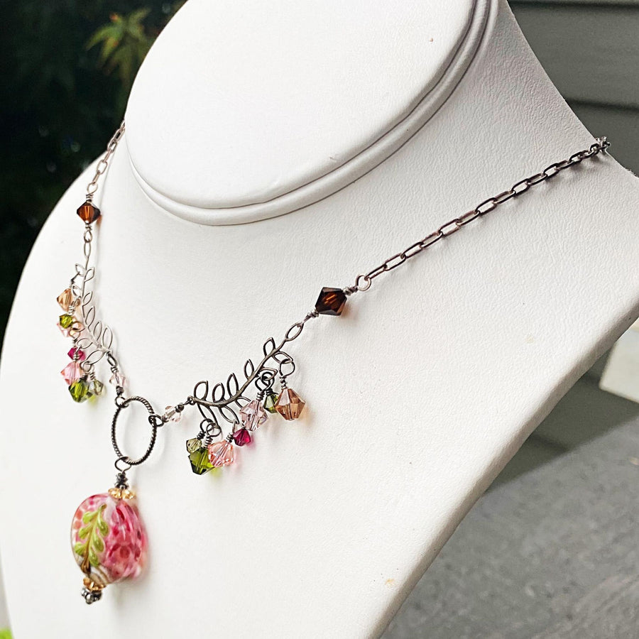 Artisan Sterling Silver & Swarovski Crystal delicate Leaves Tree and Lampwork Glass intricate necklace, pink, amber, olive, brown, fuschia