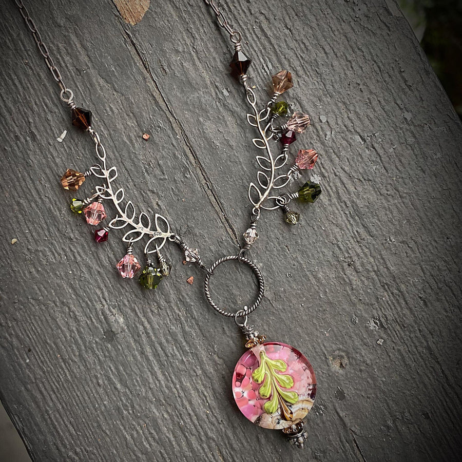 Artisan Sterling Silver & Swarovski Crystal delicate Leaves Tree and Lampwork Glass intricate necklace, pink, amber, olive, brown, fuschia