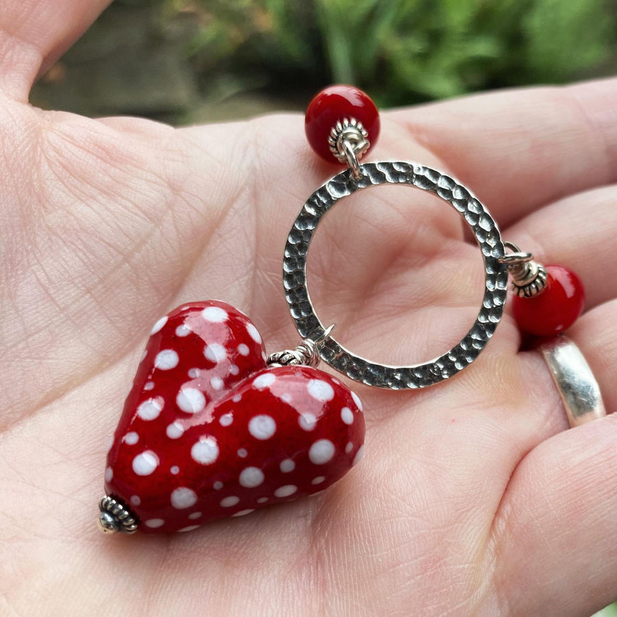 Artisan Sterling Silver & Dotted Lampwork Glass Heart necklace Red and White, Scarlet, Heart Pendant, Dot Lampwork, Handmade Antiqued Silver