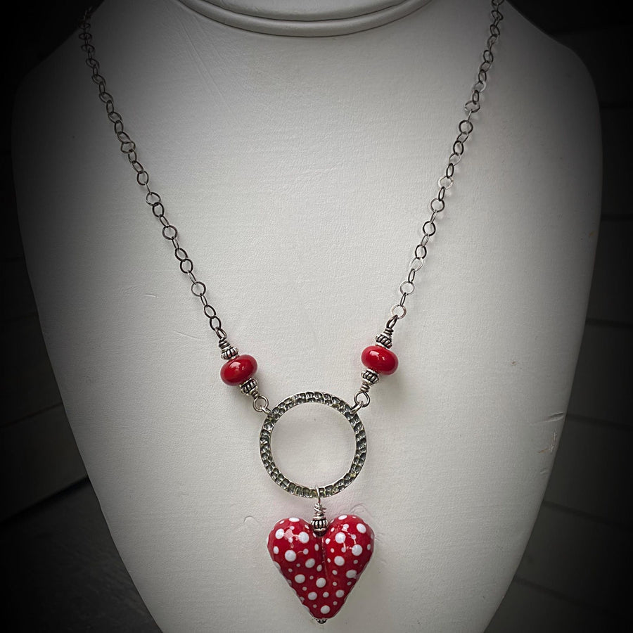 Artisan Sterling Silver & Dotted Lampwork Glass Heart necklace Red and White, Scarlet, Heart Pendant, Dot Lampwork, Handmade Antiqued Silver